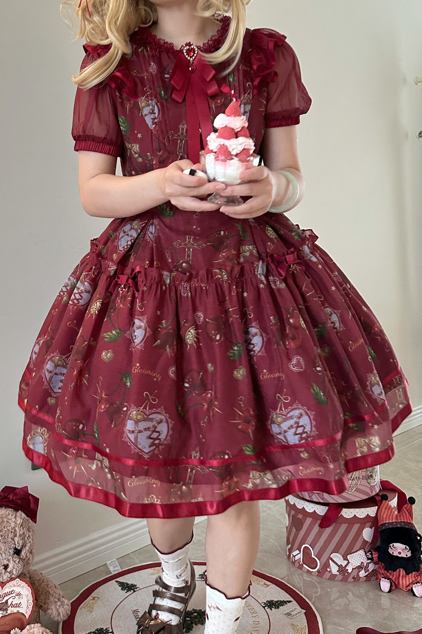 Retro Antique Cherry Sweet Lolita Dress + Jumper Skirt