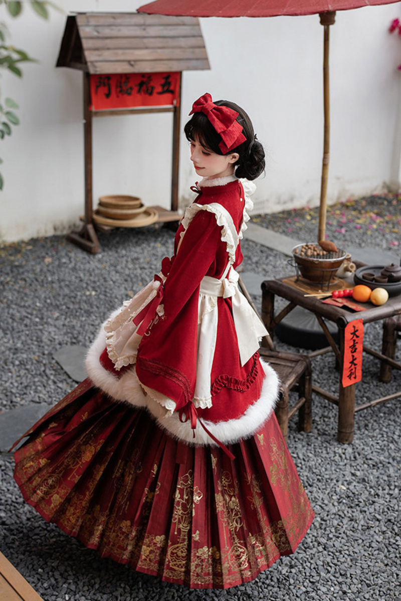 Chinese-style Big Sleeve Dress + Apron + Skirt + Leg Warmers + Hairband + Clip + Pin