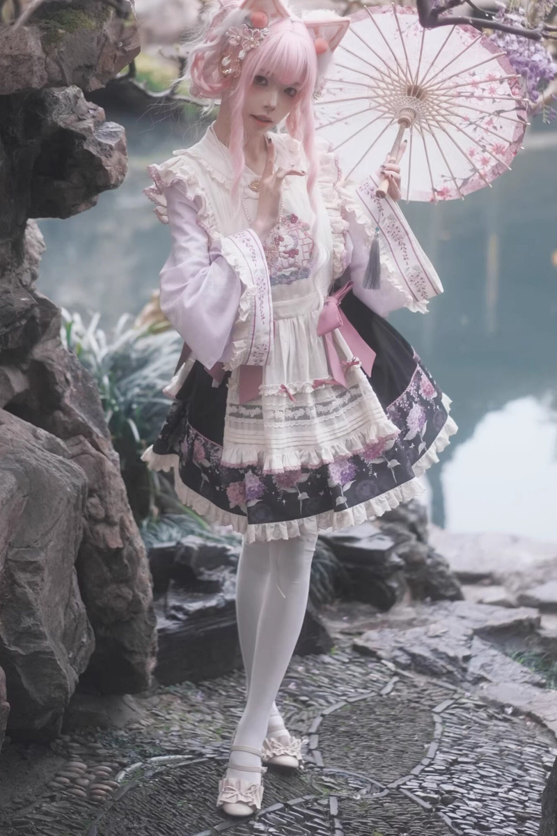 Chinese-style Lolita Top + Skirt + Apron + Headband + Bonnet