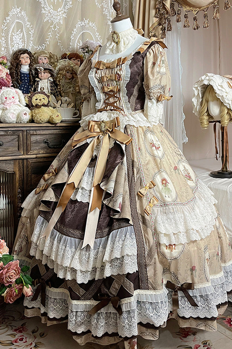 Brown [baker Street Tea Party] Short Sleeves High Waisted Print Ruffle Embroidery Cardigan Bowknot Lace-up Classic Princess Lolita Dress