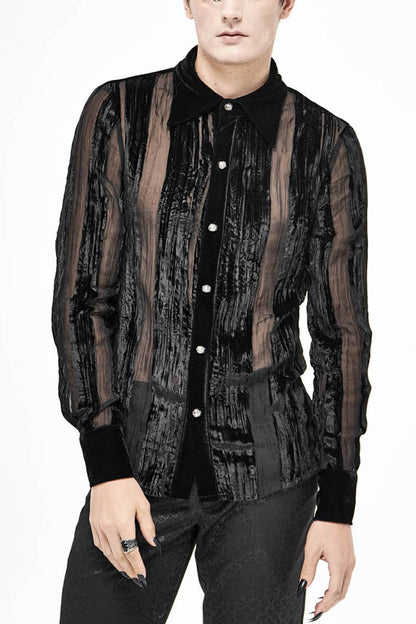 Black Striped Velvet Fold Mushroom Metal Buckles Long Sleeve Irregular Gothic Shirt