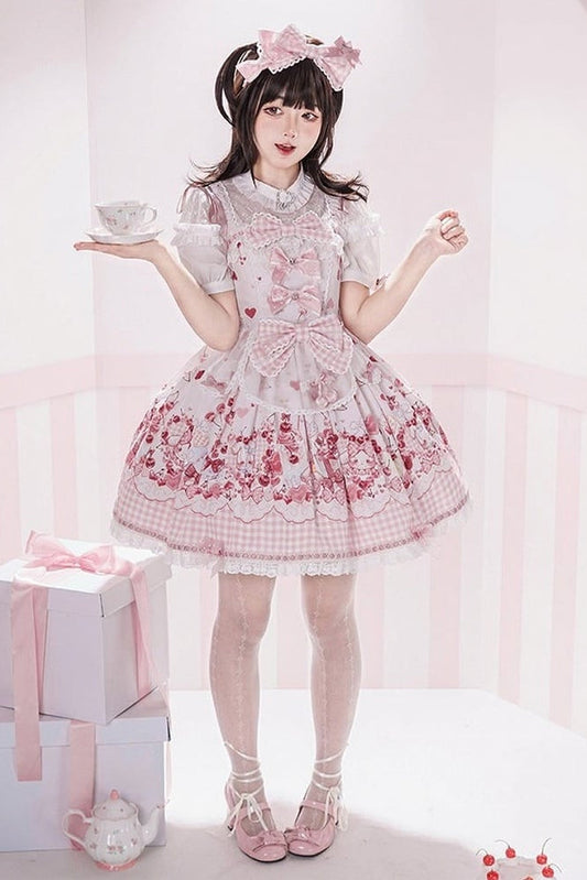 [pre-order Deadline: May 5] Pink Cherry Print Lace Ribbon Bunny Ear Apron Jsk Dress + Accessories