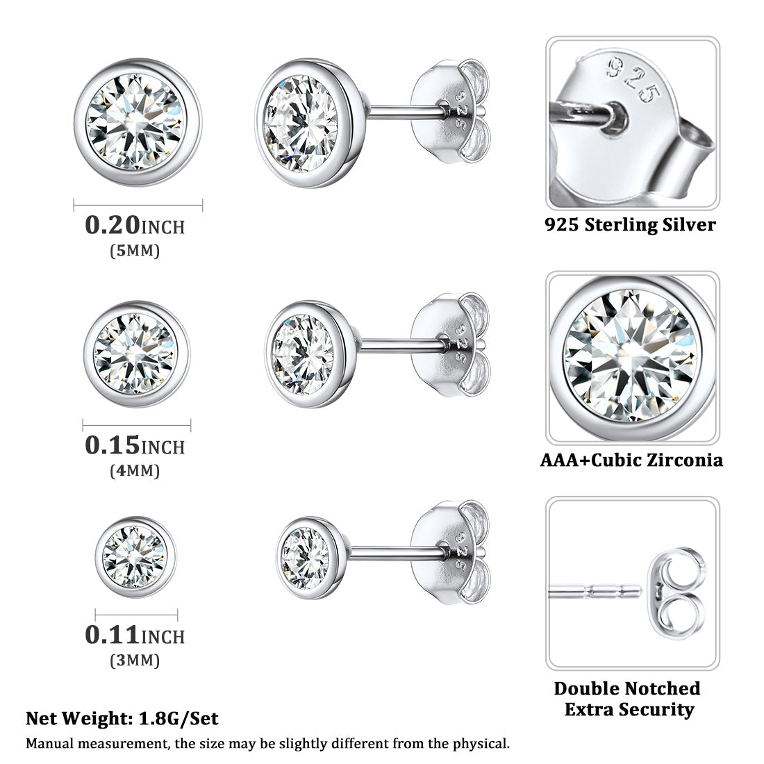 925 Sterling Silver Diamond Stud Earrings Set for 3 Pairs