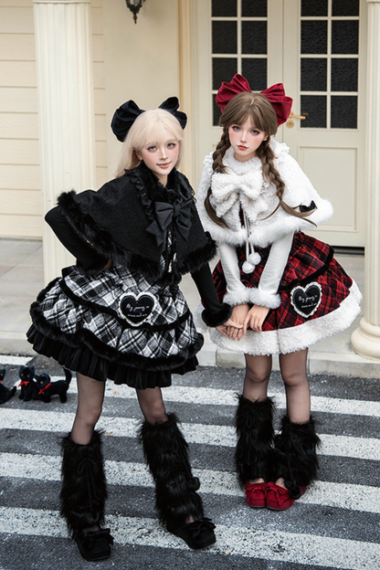 Checked Doll Jumper Skirt + Bow Brooch + Pin + Love Brooch + Shawl + Top + Leg Warmers