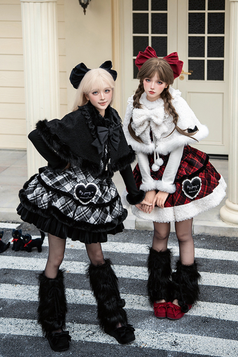 Checked Doll Jumper Skirt + Bow Brooch + Pin + Love Brooch + Shawl + Top + Leg Warmers