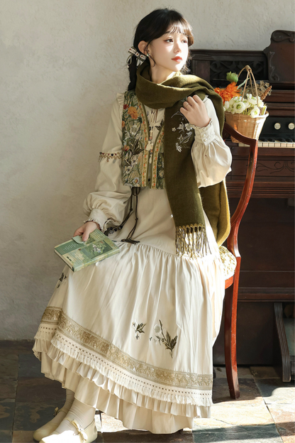 Pastoral Lolita Long Sleeve Dress + Vest + Scarf