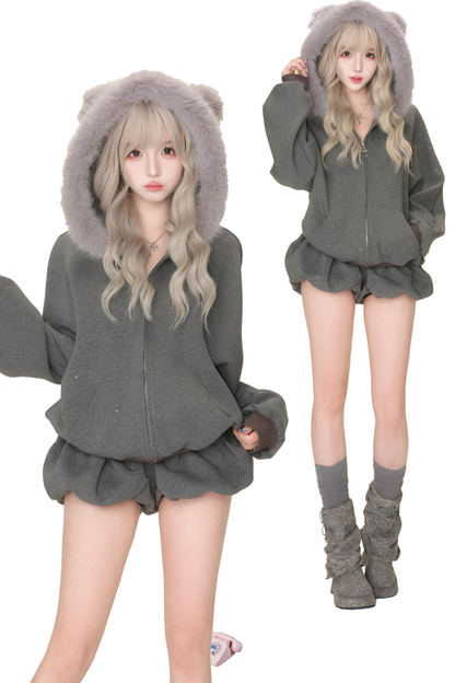 Cross Fur Hooded Jacket + Pants