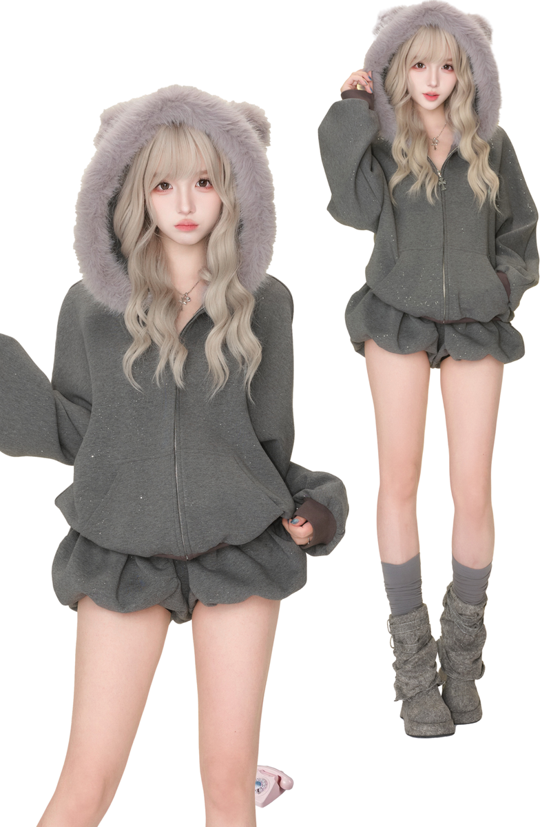 Cross Fur Hooded Jacket + Pants