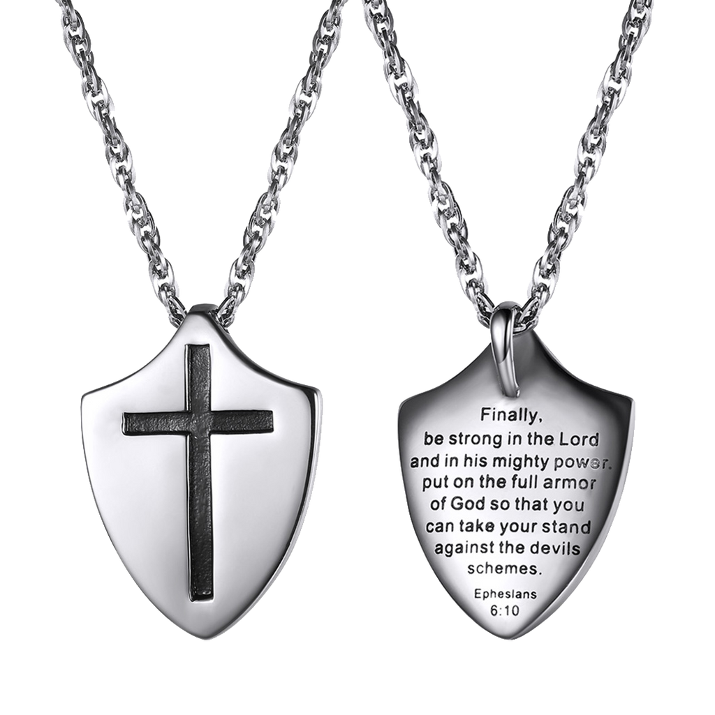 Christian Cross Shield Pendant Necklace With Ephesians 6:10 for