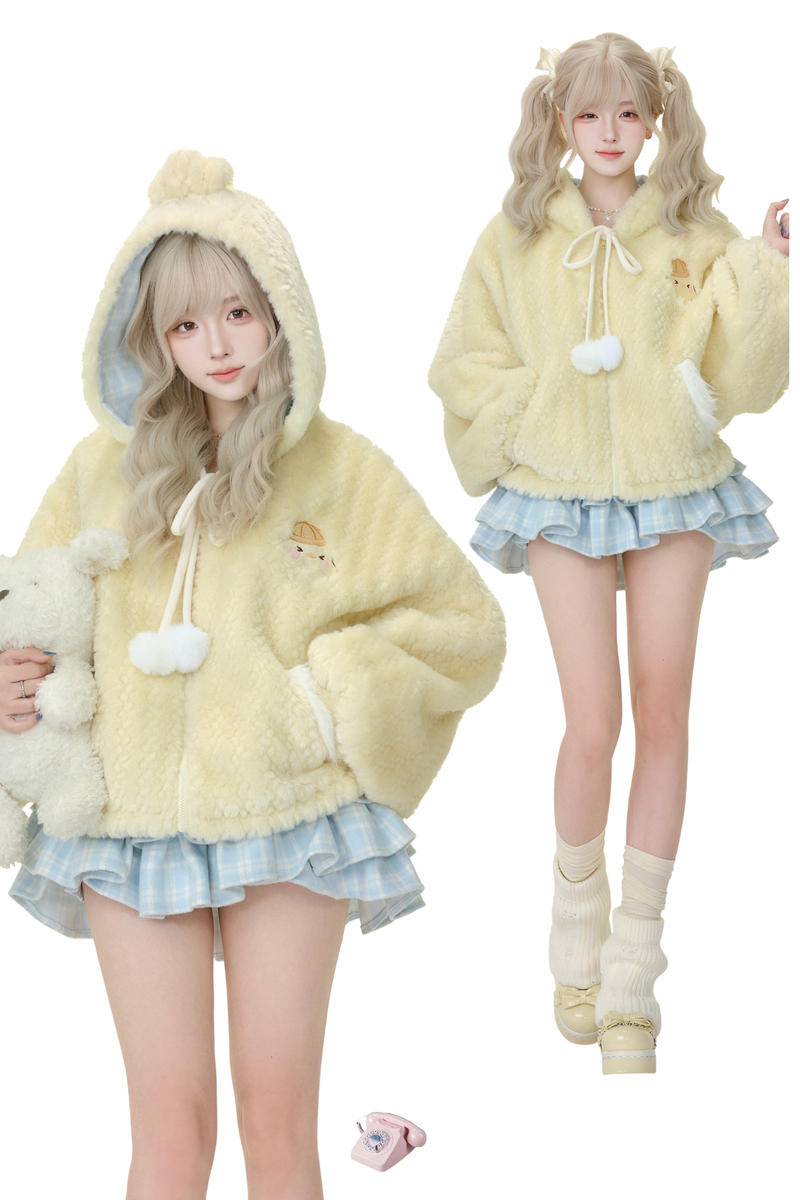 Custard Pudding Yellow Plush Jacket + Blue Plaid Tiered Skirt