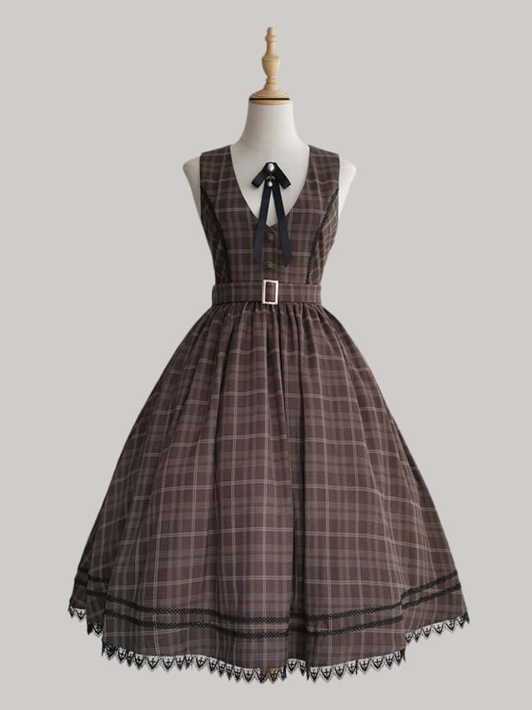 Forest Brown Plaid Belt V Neck Dress