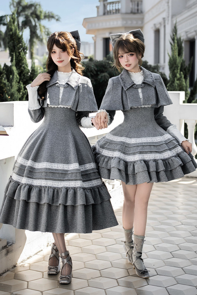Ruffled Cape Coat + Dress + Hair Accessories + Brooch