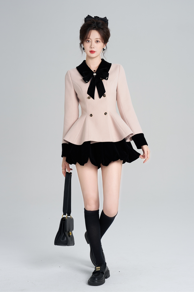 French Sweet Pink Flare Coat + Skirt