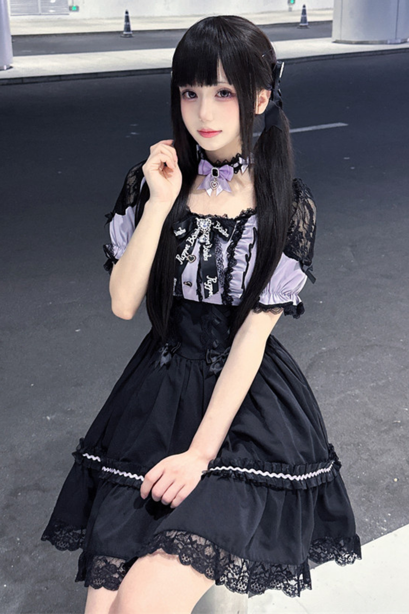 Purple Lace Sweetheart Dress + Ribbon Clip + Necklace