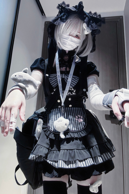 Cat Puff Sleeve Top + Suspender Skirt + Pants + Hat