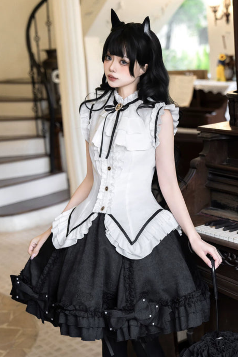 Flying Sleeve Sweet Dark Top + Flare Skirt