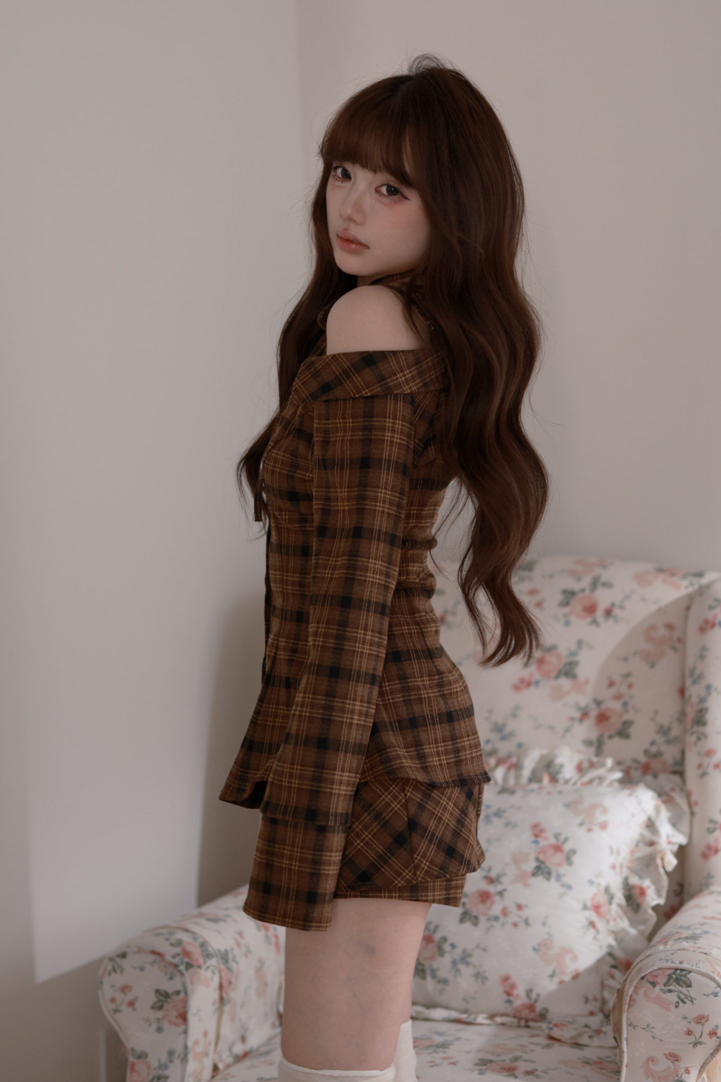 Checkered Off Shoulder Top + Shorts