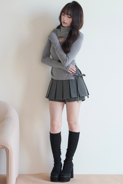 High Neck Knit Top + Plaid Skirt