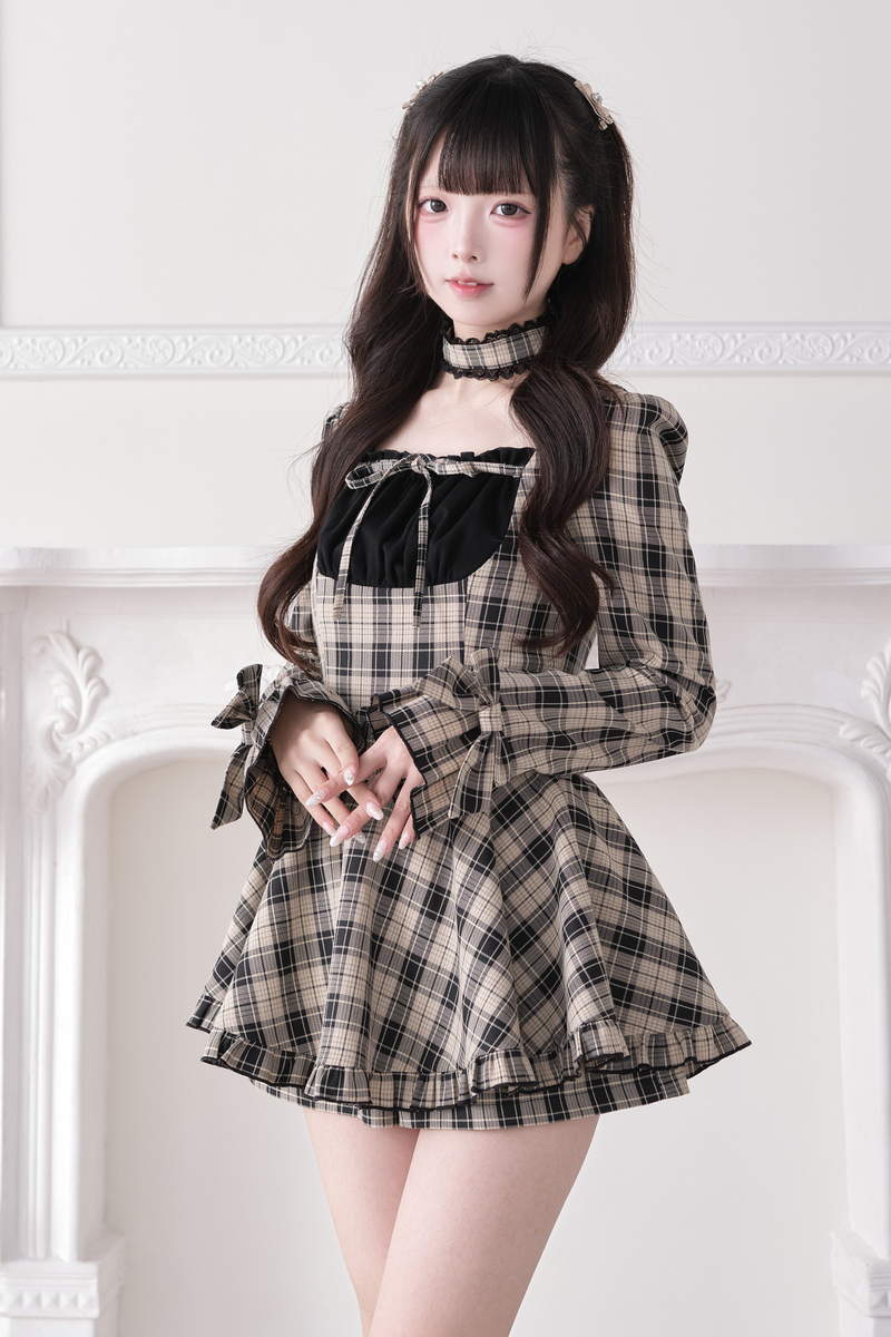 Plaid Ribbon Lace Dress