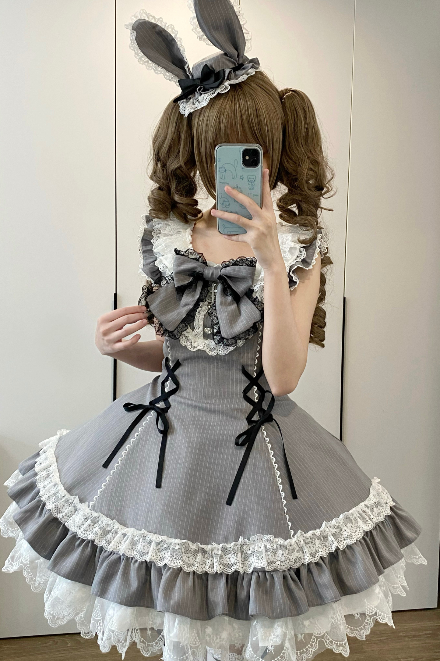 Sweet Lolita Stripe Jumper Skirt + Rabbit Hat