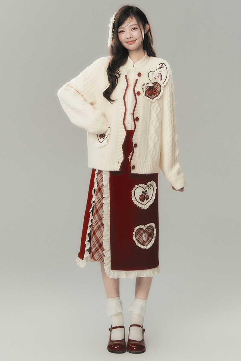 Strawberry Cream Cardigan + Skirt + High Neck Top + Hairpin