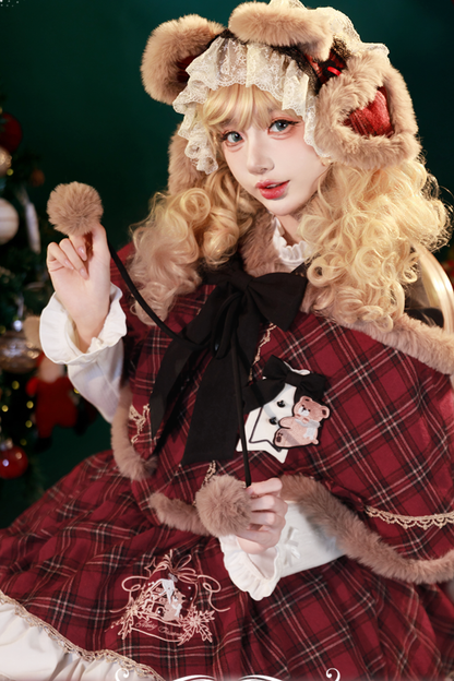 [pre-order] Plaid Lolita Jsk + Hooded Cloak + Knit + Bear Headband