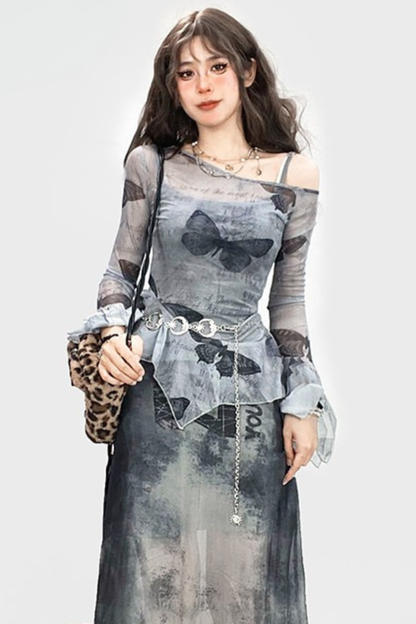 Butterfly Mesh Off Shoulder Blouse + Inner
