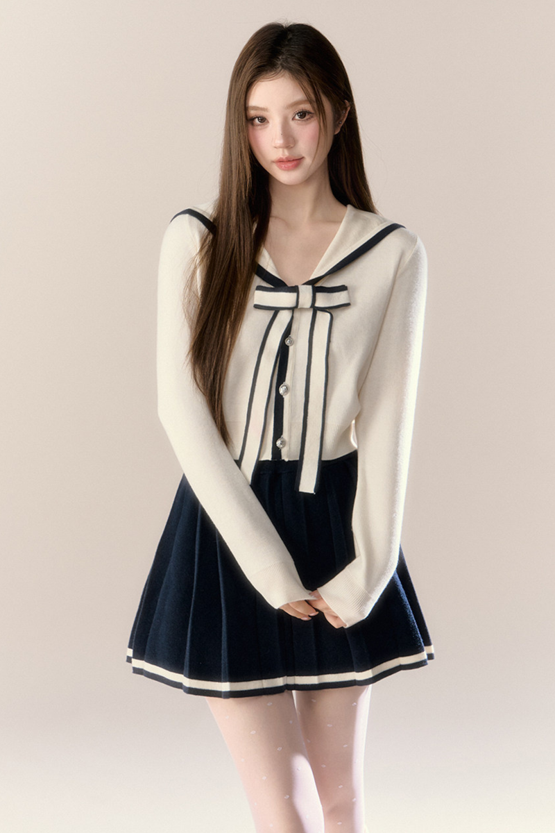 Sailor Ribbon Cardigan + Pleated Skirt