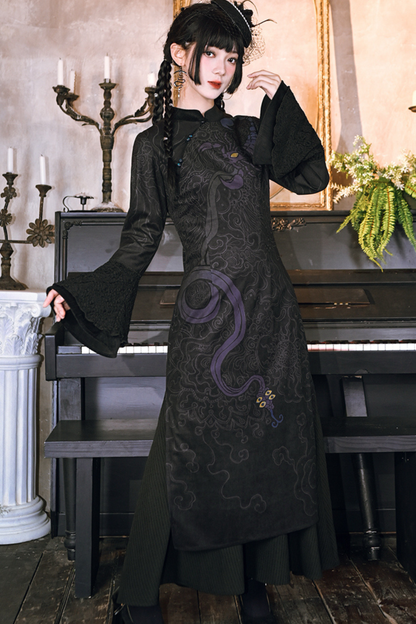 Dark Print Cheongsam Dress + Cape