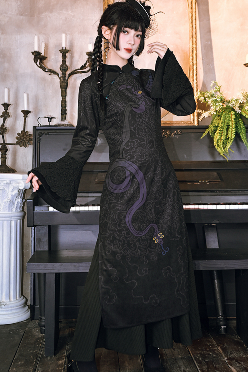 Dark Print Cheongsam Dress + Cape