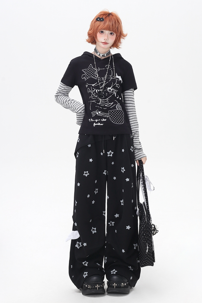 Striped Fake Two Piece Hooded Top
