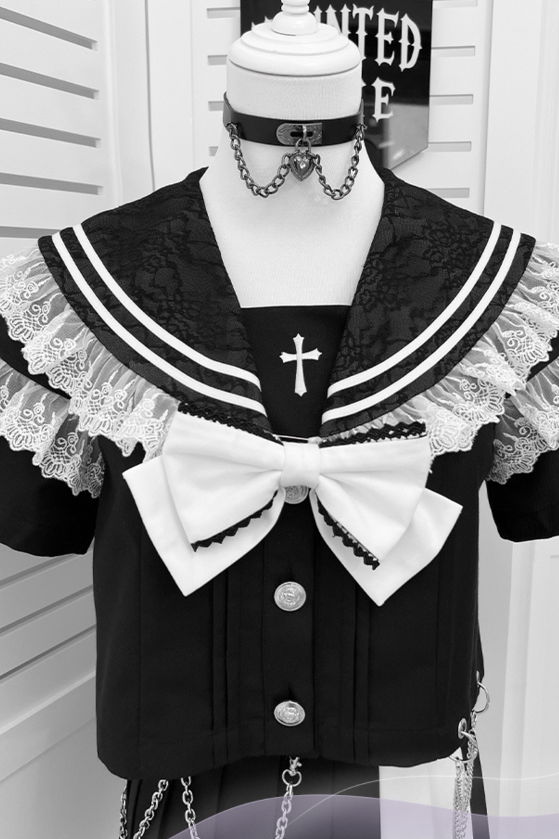 Dark Girl College Sailor Top + Skirt + Ribbon + Skirt Chain