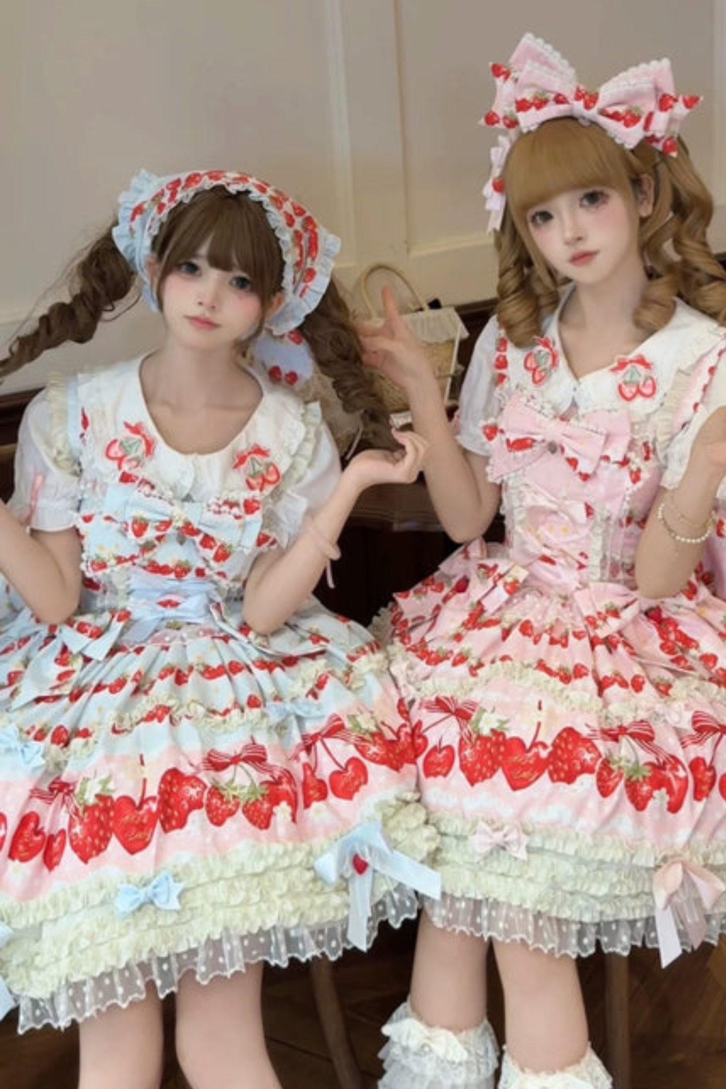 Strawberry Lolita Jumper Skirt + Rabbit Hair Scarf + Big Ribbon + Top + Hat + Bonnet