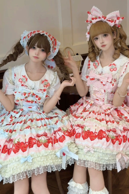 Strawberry Lolita Jumper Skirt + Rabbit Hair Scarf + Big Ribbon + Top + Hat + Bonnet