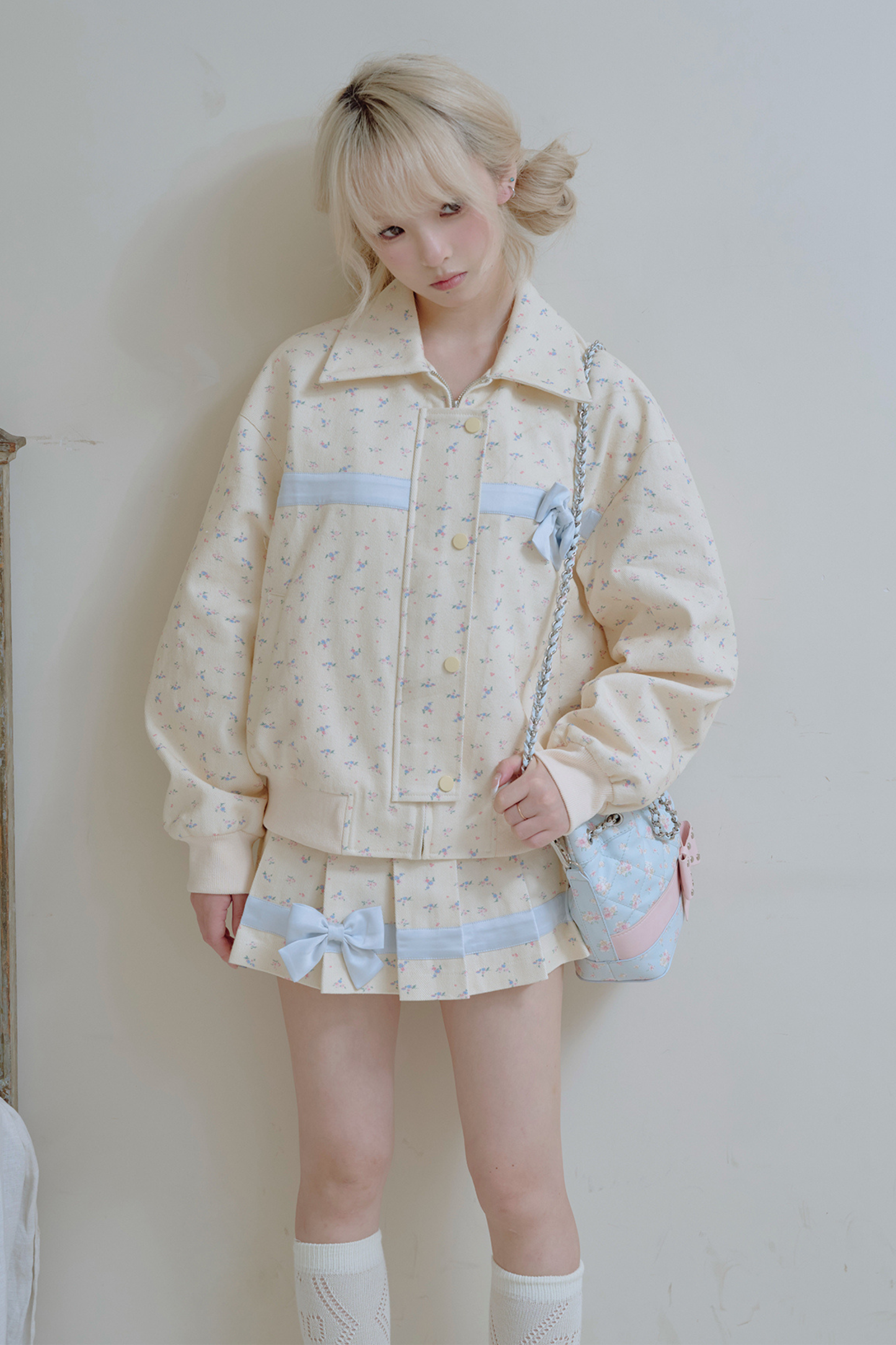 Flower Ribbon Jacket + Pleated Skirt