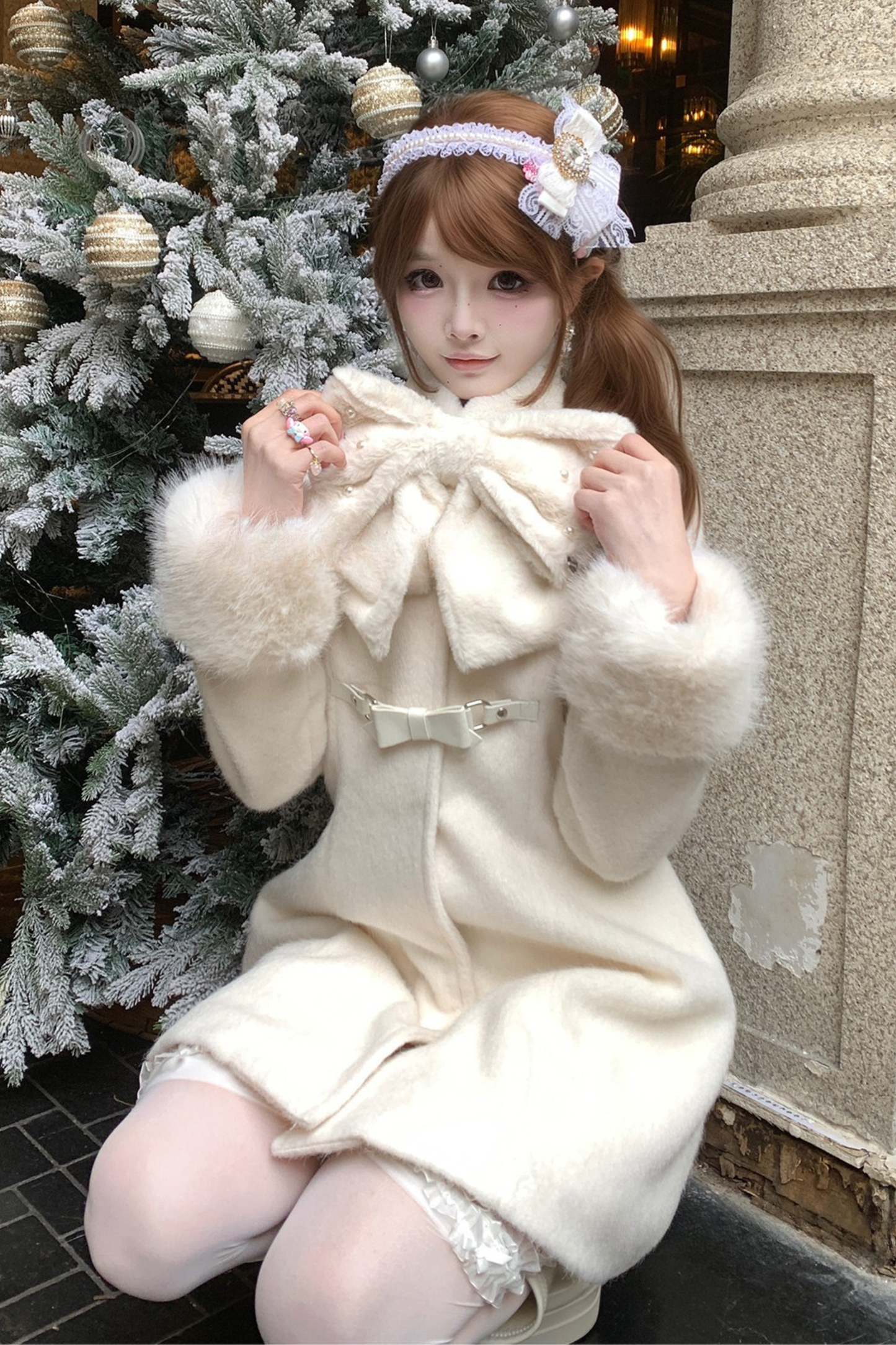 Sweet Girly Flared Coat + Ribbon Scarf