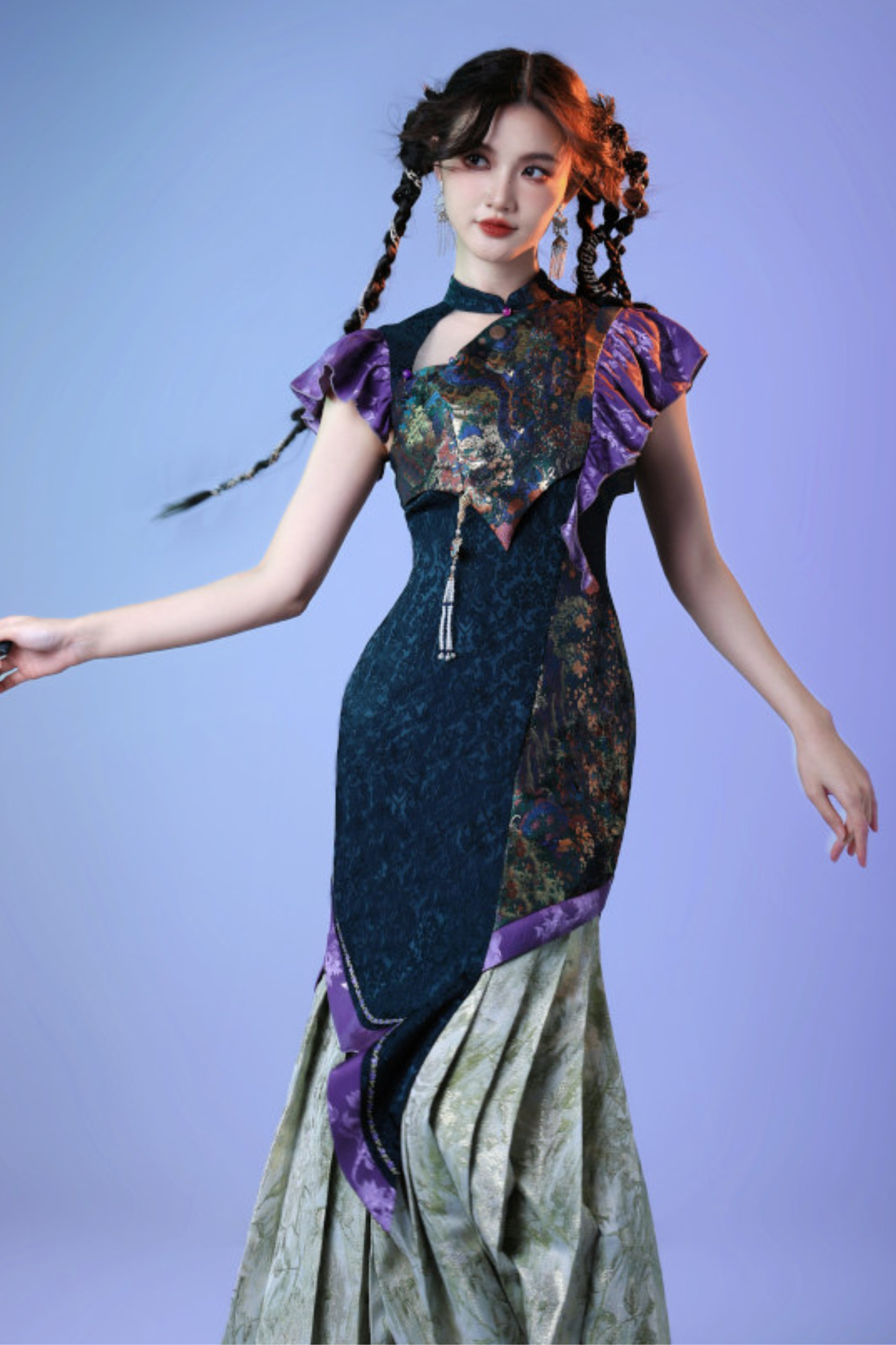 Colorful Weave Pleated Cheongsam Dress