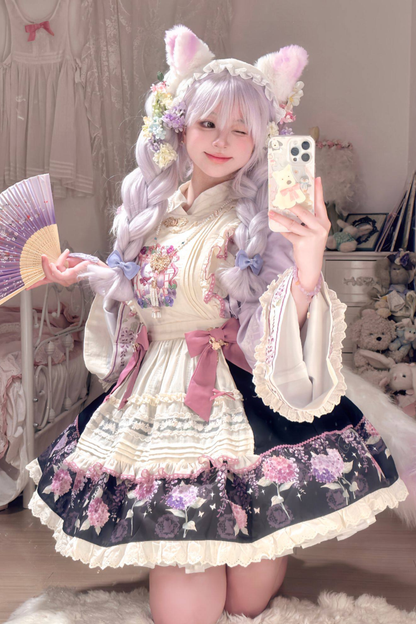 Chinese-style Lolita Top + Skirt + Apron + Headband + Bonnet