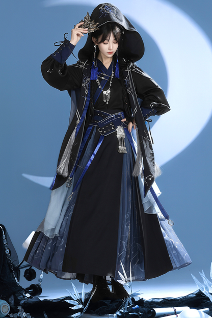 Dark Chinese-style Hooded Top + Belt + Cape + Necklace + Skirt