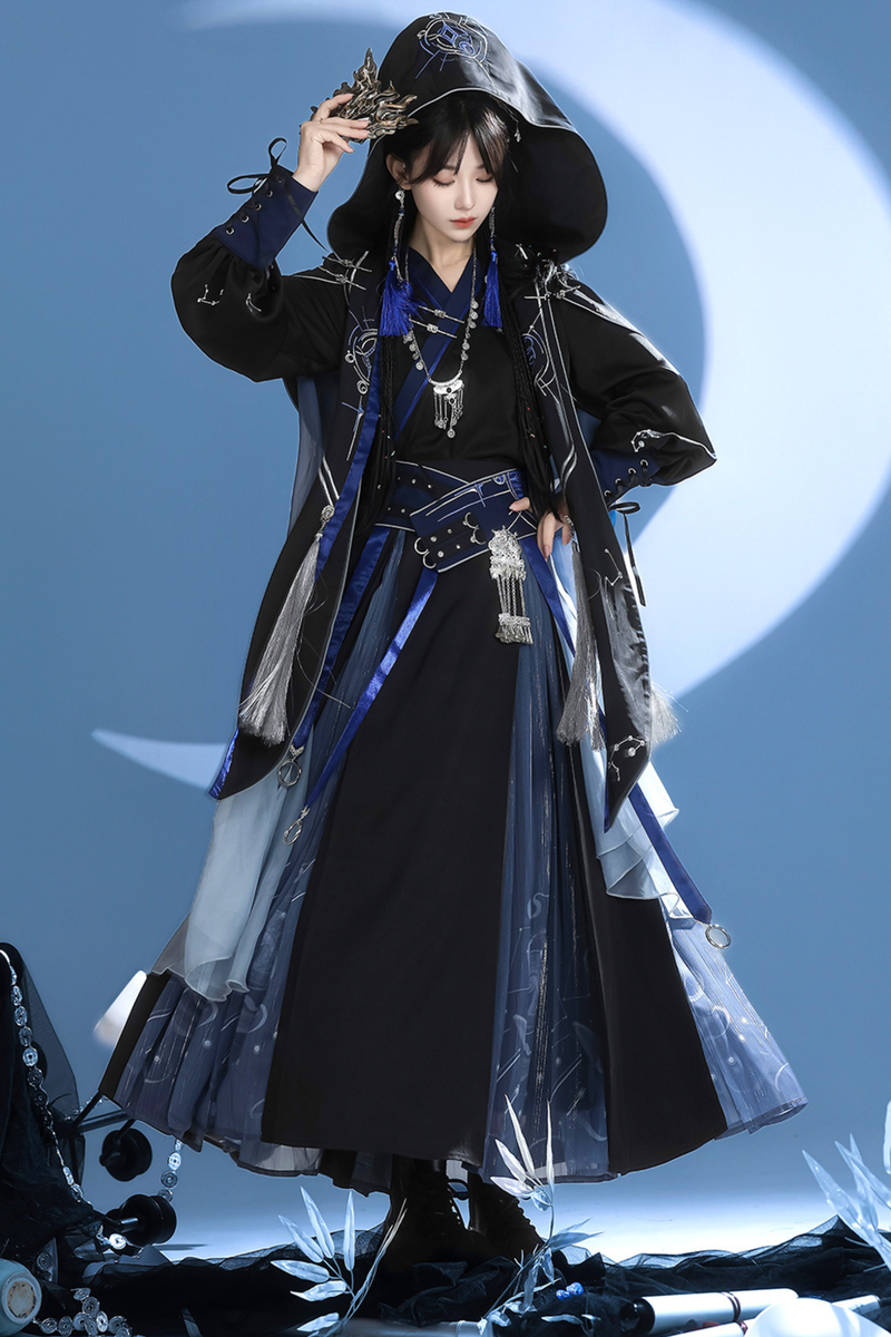 Dark Chinese-style Hooded Top + Belt + Cape + Necklace + Skirt