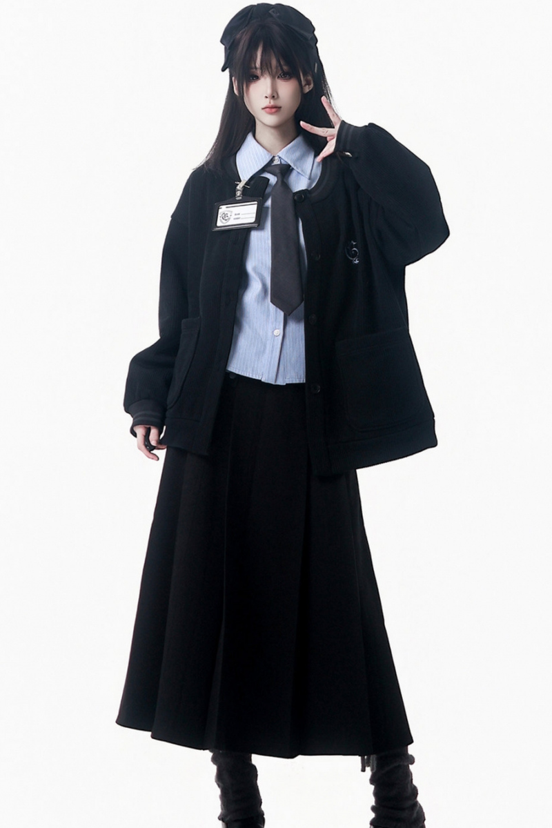 College Blue Shirt + Cardigan + Short Skirt + Long Skirt
