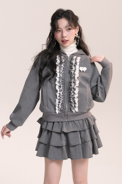 Ballet Lace Sweatshirt Hooded Jacket + Tiered Skirt