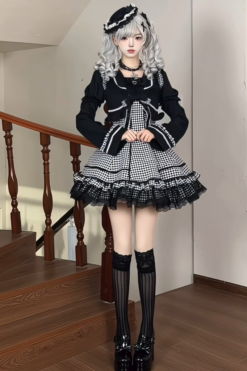 Houndstooth Dark Sweet Lolita Dress With Sleeves
