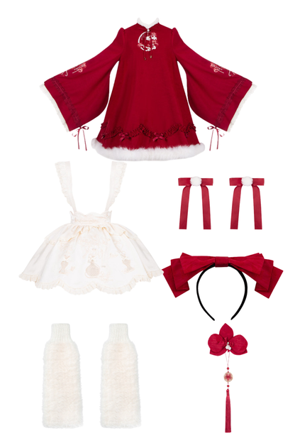 Chinese-style Big Sleeve Dress + Apron + Skirt + Leg Warmers + Hairband + Clip + Pin