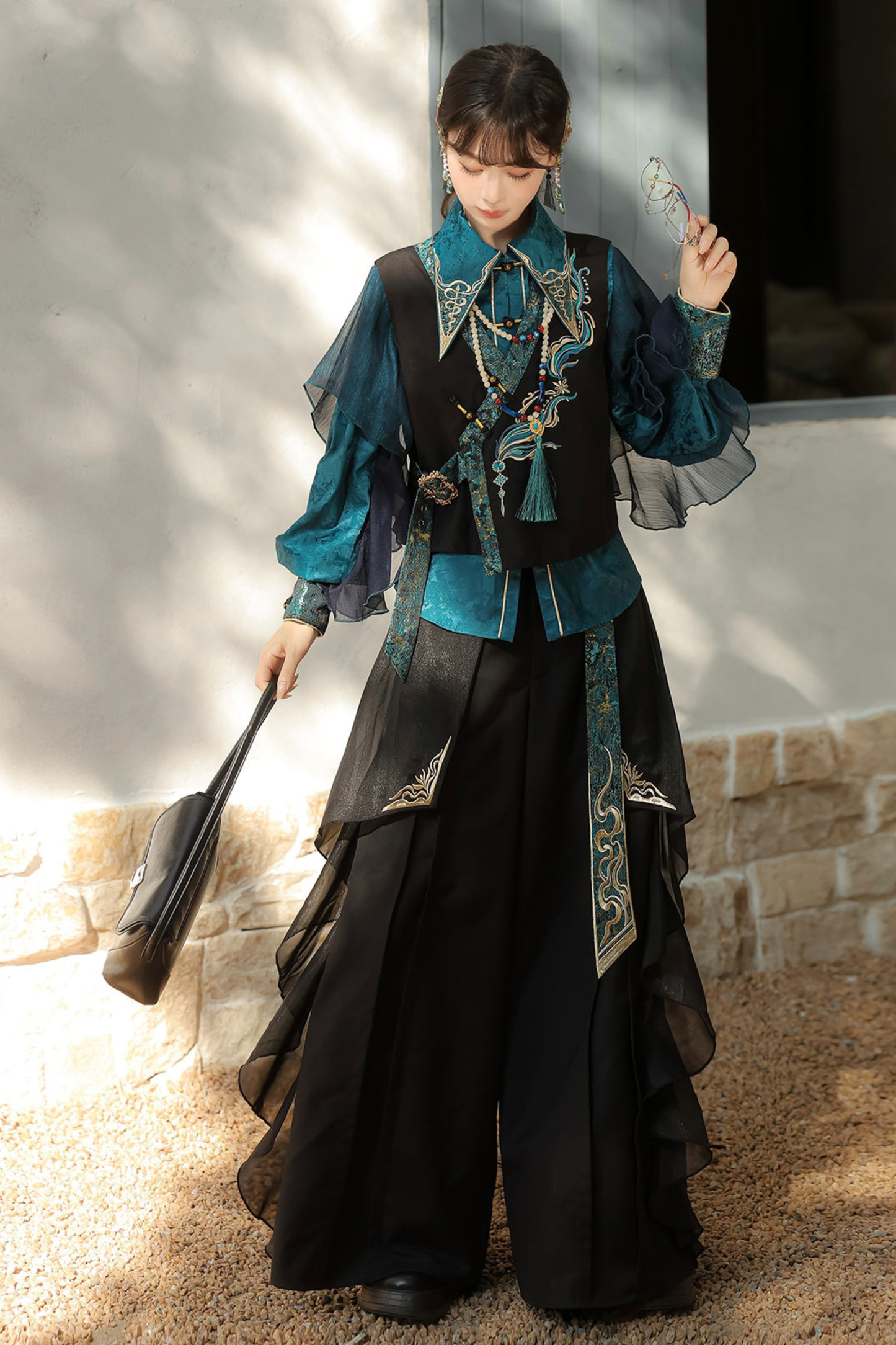 Ruan Chinese-style Top + Vest + Wide Leg Pants + Necklace