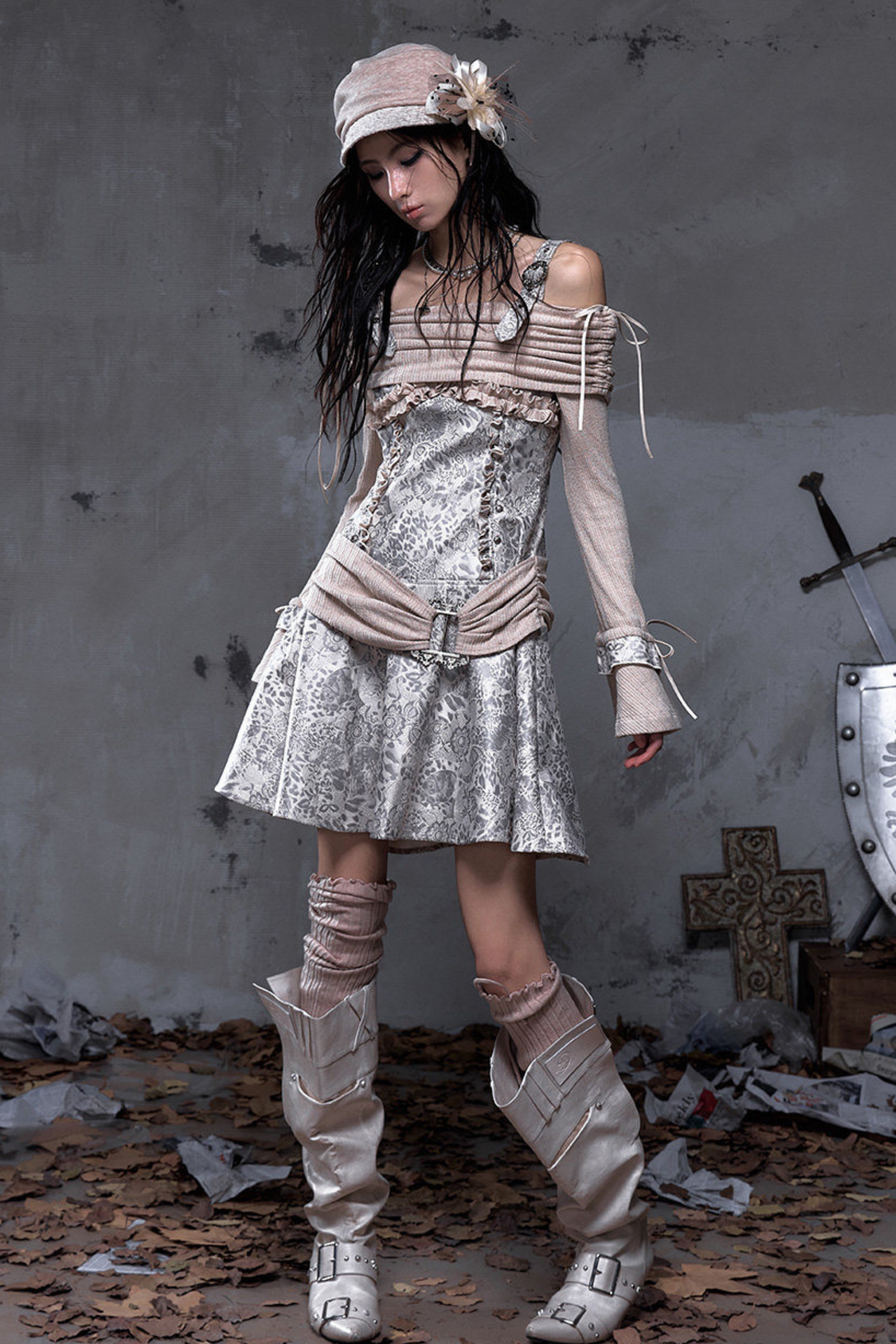 Retro Punk Off Shoulder Patchwork Dress