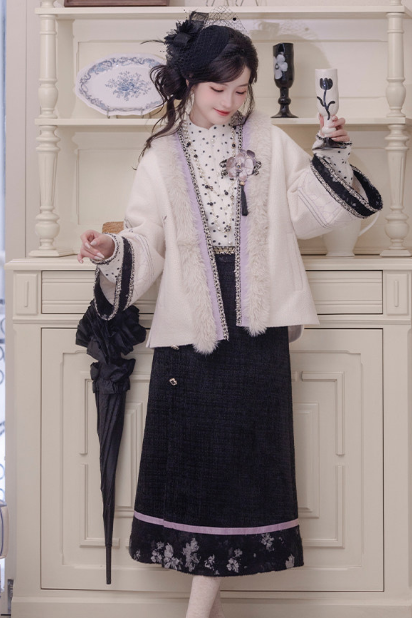 Butterfly Ink Dot Jacket + Top + Long Skirt + Brooch