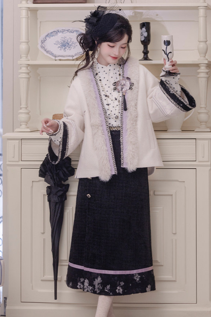 Butterfly Ink Dot Jacket + Top + Long Skirt + Brooch