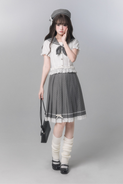 Sweet College Style Top + Polka Dot Pleated Skirt + Bow Tie