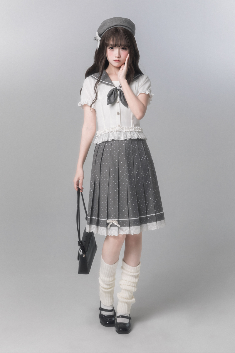 Sweet College Style Top + Polka Dot Pleated Skirt + Bow Tie